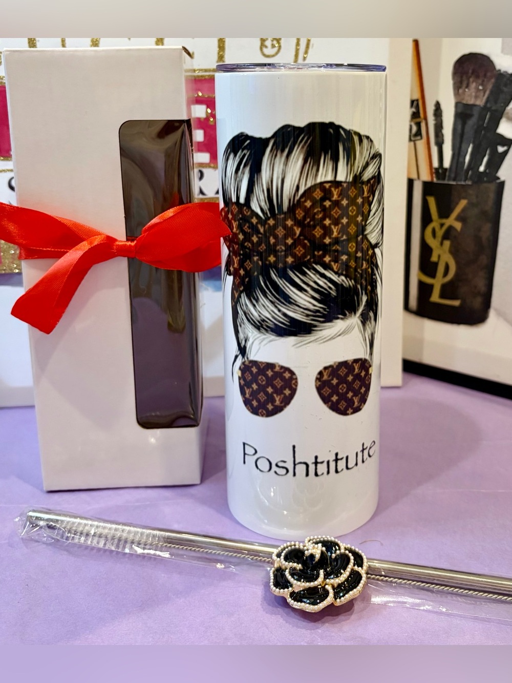 NIB POSHTITUTE 20oz Tumbler wi/cleaning brush & metal straw.Includes accessories - Picture 6 of 12
